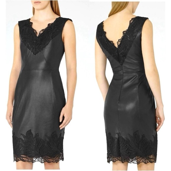 Reiss Etty Leather And Lace Mini Midi Sleeveless Cocktail Party Dress Size 6 - Picture 1 of 15